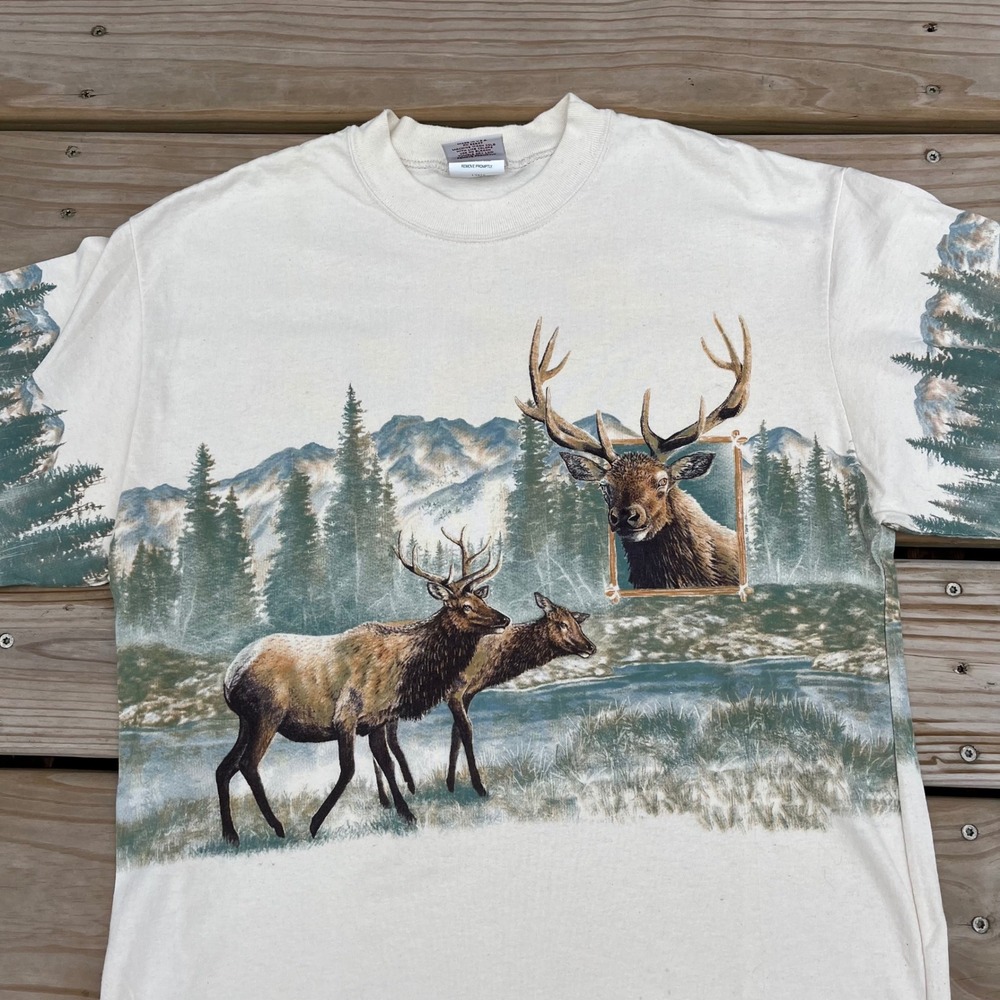 VTG Nature T-Shirt Art Unlimited Sportswear Elk Mountain AOP Jackson Hole Large